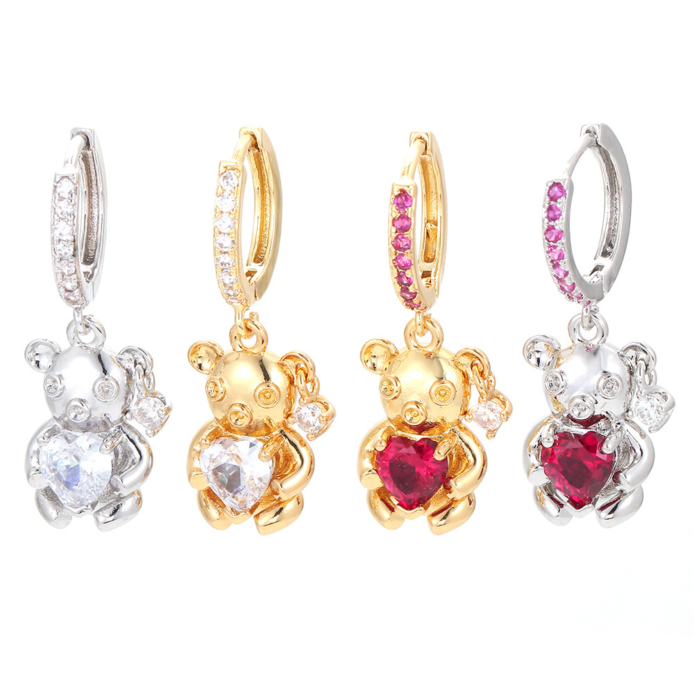 Wholesale Jewelry Micro-inlaid Zircon Heart Bear Copper Gold-plated Earrings Nihaojewelry