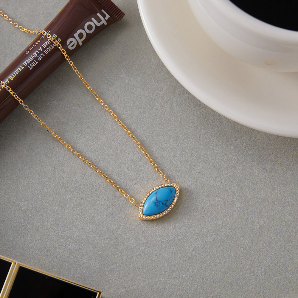 Ladies Vintage Style 18K Gold Plated Stainless Steel Turquoise Evil Eye Pendant Necklace Blue Lapis Lazuli Devil Eye Jewelry