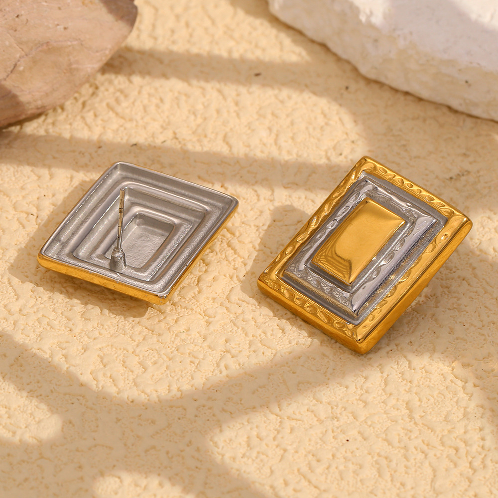 PVD Coated Real Gold Plated Rectangle 304 Stainless Steel Vintage Style Waterproof Non Tarnish Ear Studs