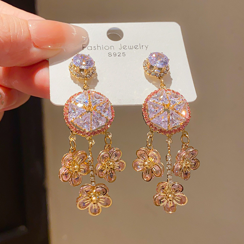 Fashionable French Vintage Silver Needle Zircon Flower Tassel Earrings Luxury Feelings Women's Jewelry Accessories