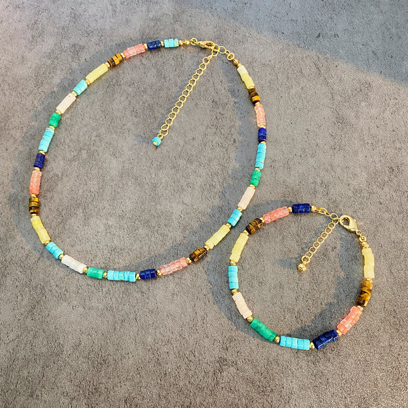 Colorful Candy Beads Necklace New Summer Fashion Natural Stone Lockbone Chain Geometric Pattern Jewelry Accessories For Women