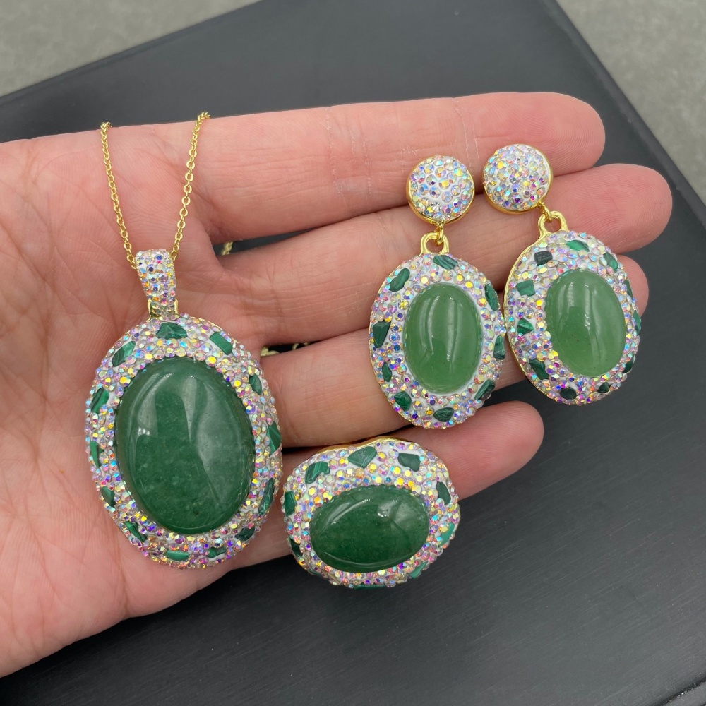 New Green Dongling Enamel Jade Set Ethnic Style Necklace Women's Jewelry Accessories Factory Direct Sale Middle-Aged Niche Three-Piece Set