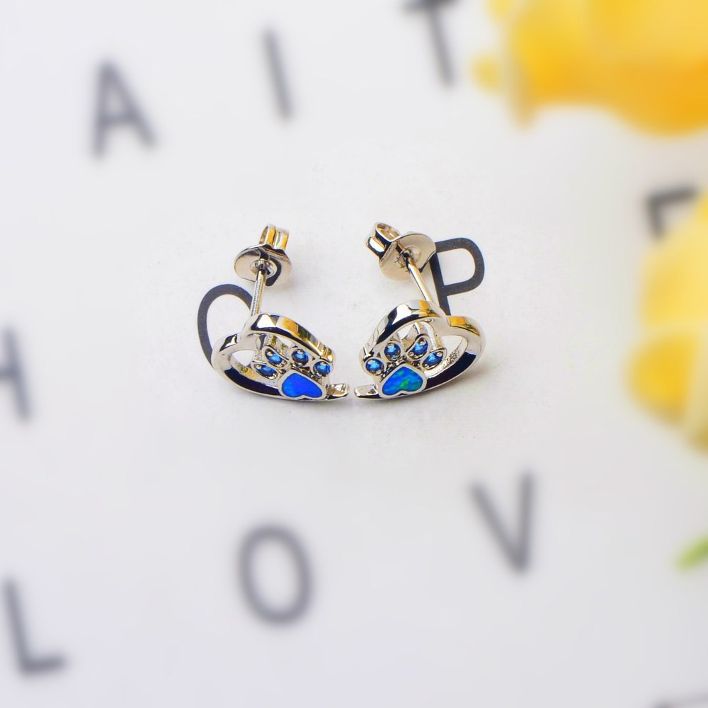 Adorable Girl's Dog Paw Opal Earrings Bohemian Floral Print Simple Style Copper Jewelry Accessories Ear Rings