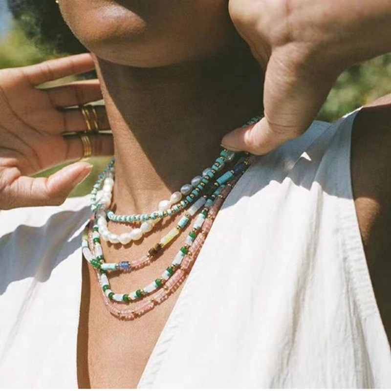 Colorful Candy Beads Necklace New Summer Fashion Natural Stone Lockbone Chain Geometric Pattern Jewelry Accessories For Women