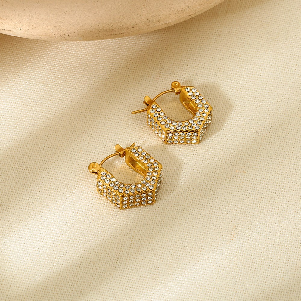 Geometric Stainless Steel Earrings Gold Plated Waterproof Design Women's Jewelry Accessories With Inlaid Diamonds