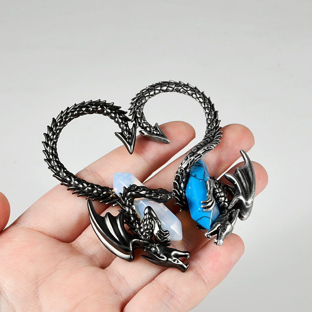 Antique Silver Rose Flower Ear Cuff Winged Dragon Blue Turquoise Dangling Earrings Pierced Copper Ear Jewelry Accessories