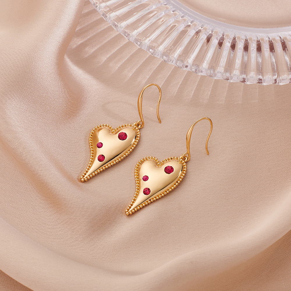 Red Heart Diamond Embedded Pendant Earrings Luxury Trendy Drop Ear Jewelry Geometric Pattern Simple Style For Women