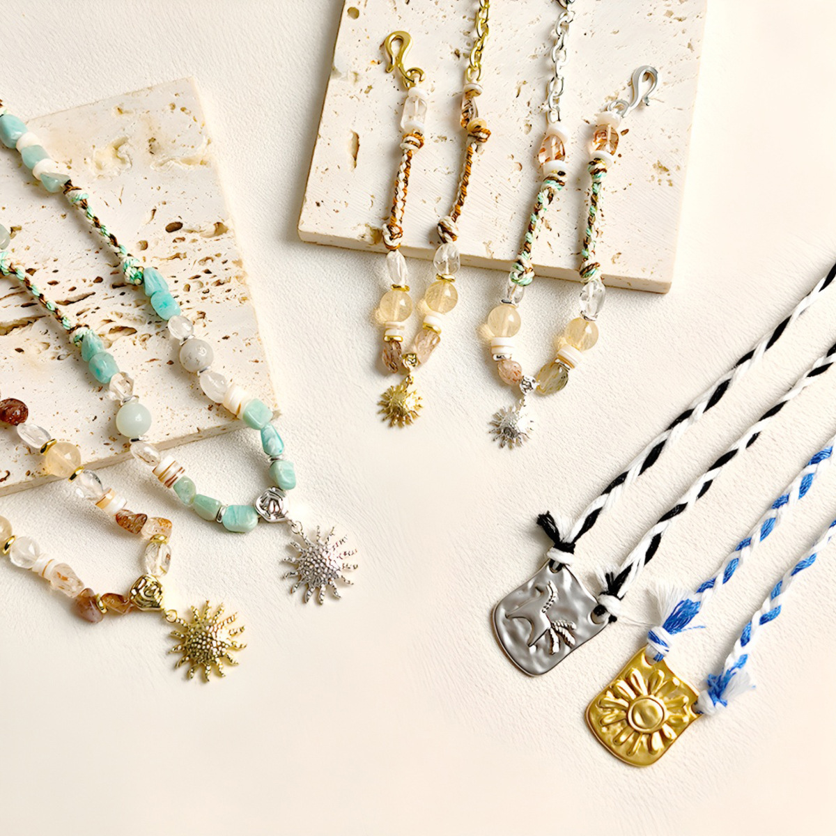 Retro Natural Crystal Stone Beaded Woven Rope Necklace Ethnic Fashion Lightweight Luxury Sweater Chain Accessory Women's Jewelry