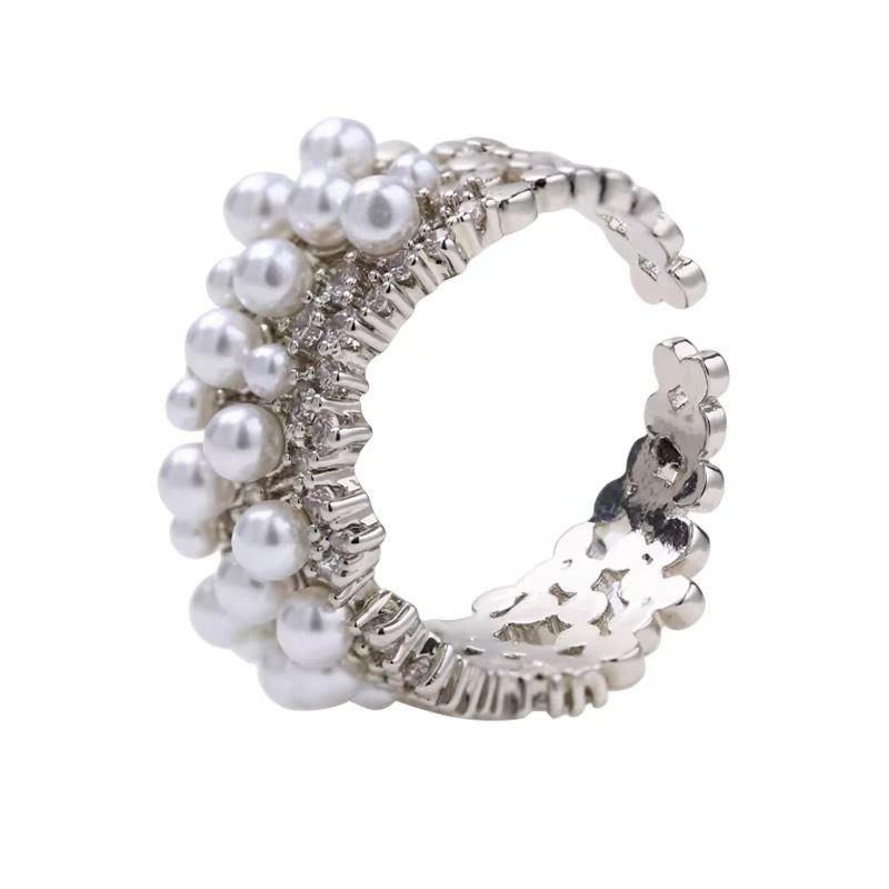 French Entry Lux Special-Interest Design Starry Inlaid Pearl Ring Copper Plated Real Gold Temperament Wild Switchable Index Finger Ring