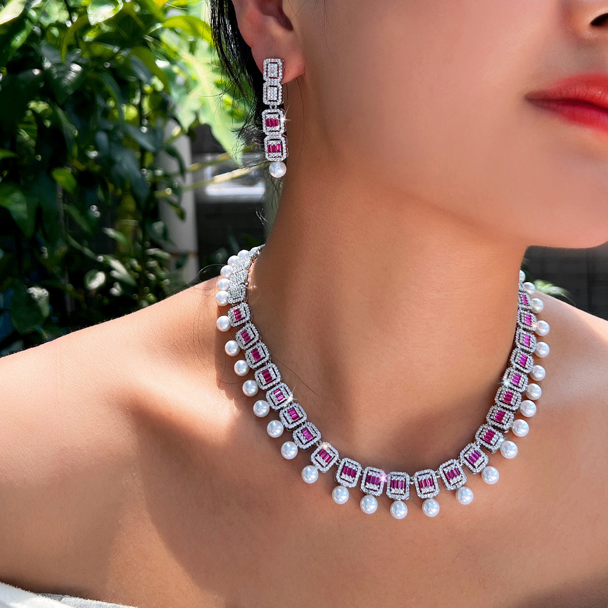 Gold Plated Bridal Jewelry Set 2 Pieces Pearl Rhinestone Necklace And Earrings Elegant Wedding Accessories For Women