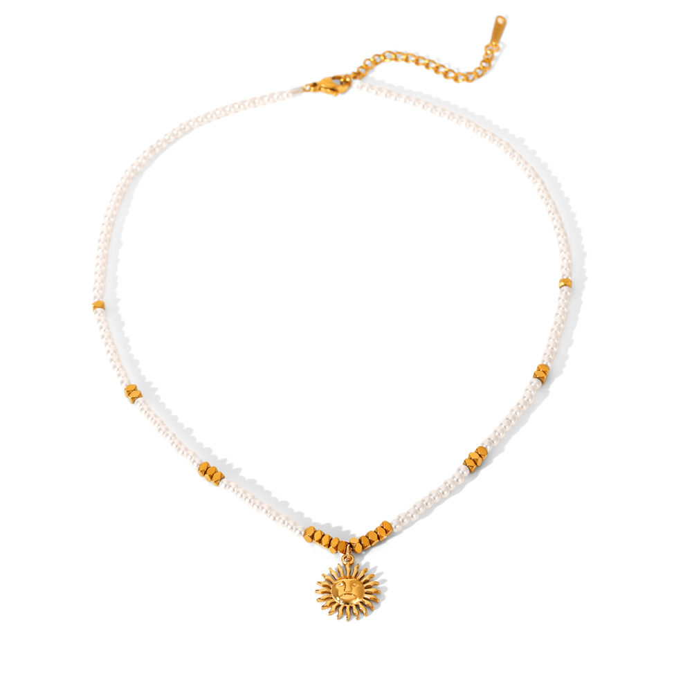 Jewelry Pearl Chain 304 Stainless Steel Sunflower Pendant Necklace For Women High-End Accessories Fashionable Necklace Vacuum Electroplated 18K Gold Plated INS Style Elegant Beaded Lobster Clasp