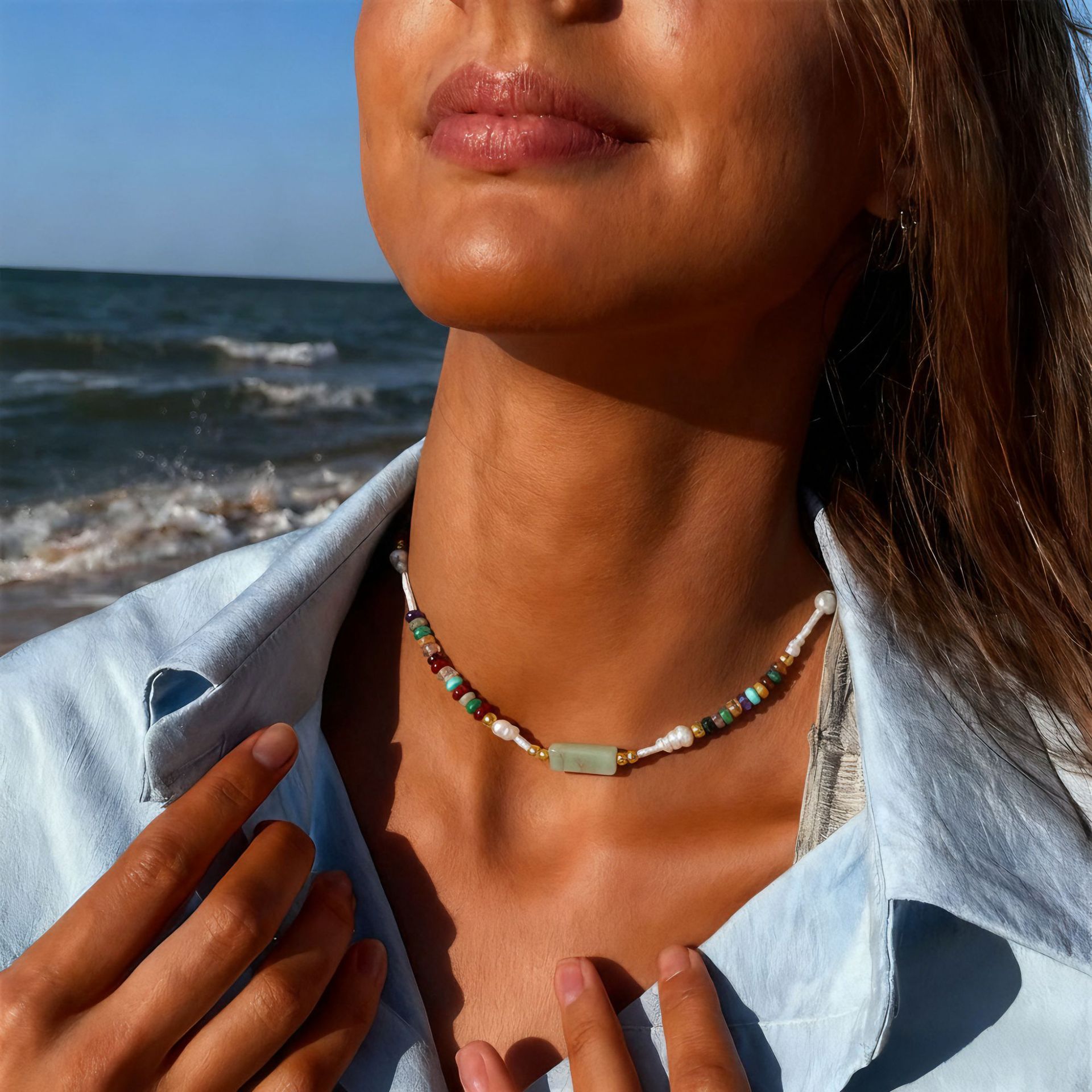 Multi-color Natural Stone Stitching Freshwater Pearl Necklace Ladies Lightweight Accessories Casual