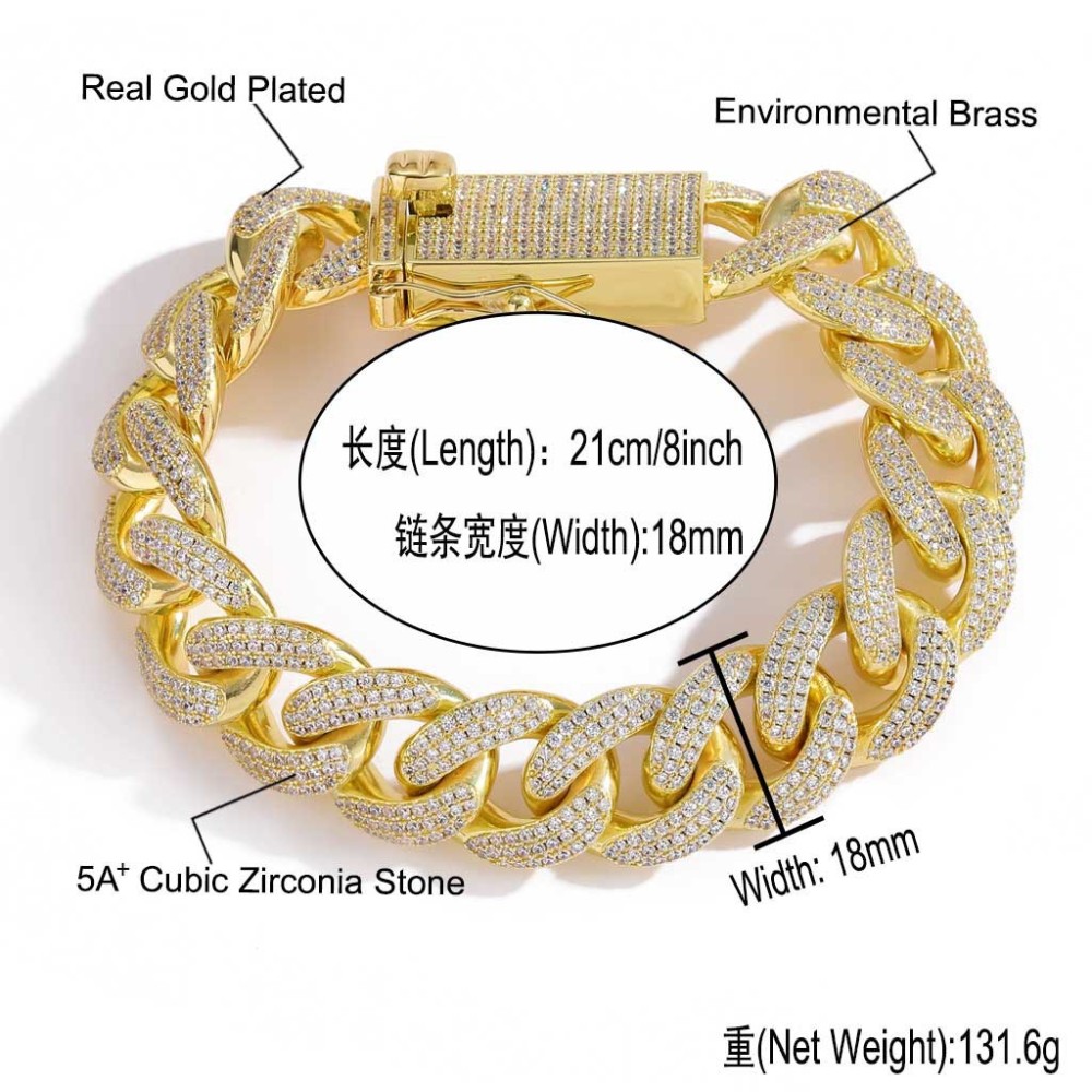 Qiji Men's Hip Hop Necklace 18mm Three Rows Cubic Zirconia Cuban Link Personalized Micro-Set Zirconia Men's Necklace