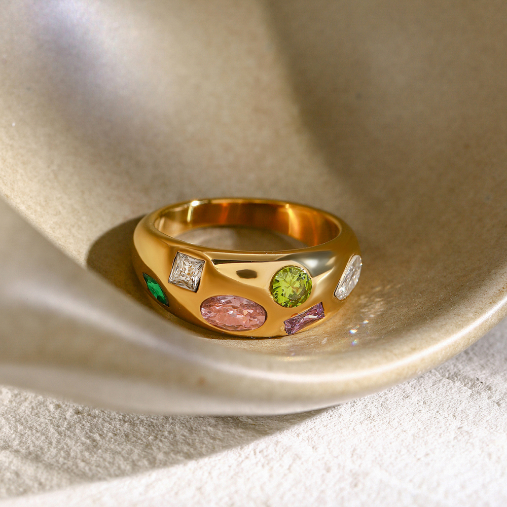 Real Gold Plated 304 Stainless Steel PVD Coated Zircon Color Block Waterproof Non Tarnish Plating Inlay Simple Style Classic Style Rings For Women's