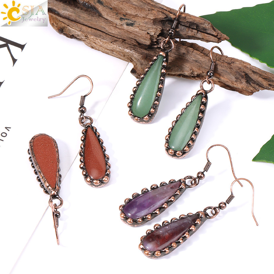 Retro  Natural Crystal Waterdrop Earrings Long East Ling Gold Sand Green Drop Ear Jewelry Accessories