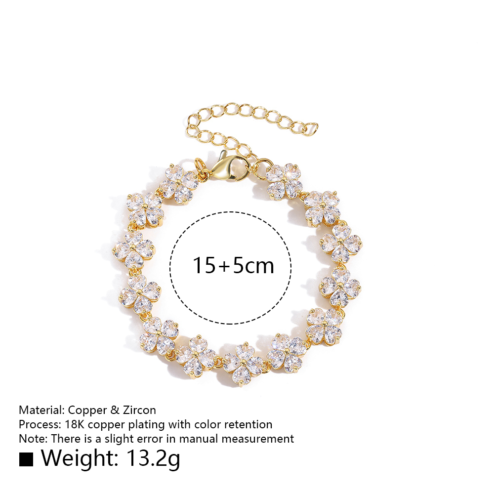 Adjustable Copper Plated 18K Gold Zircon Heart Four Leaf Clover Bracelet Elegant Luxury Artistic Style For Women Men Couples Friends