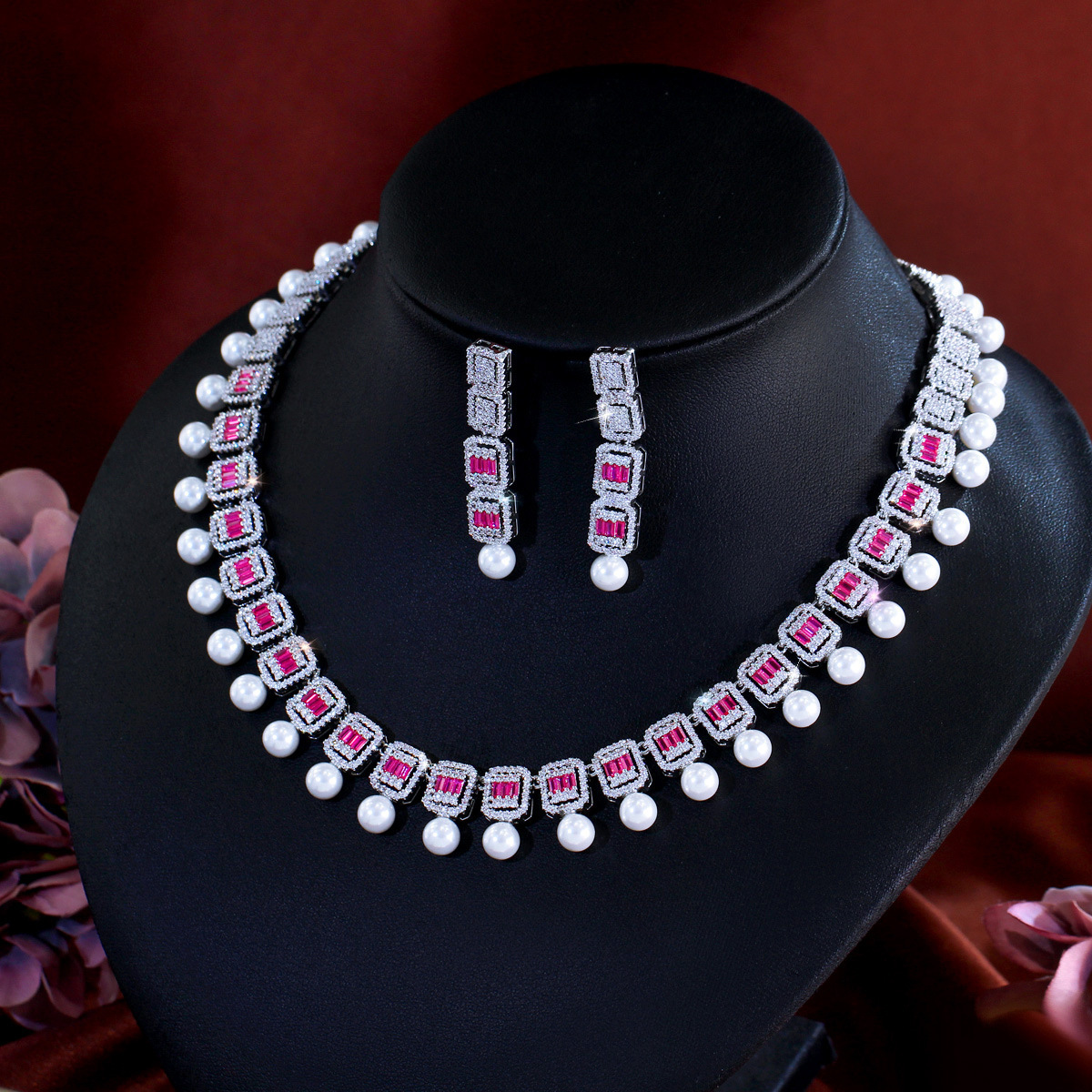 Gold Plated Bridal Jewelry Set 2 Pieces Pearl Rhinestone Necklace And Earrings Elegant Wedding Accessories For Women