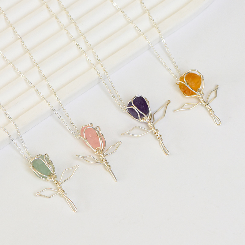 Handmade Silver Thread Pendant Natural Crystal Raw Stone Rose Shape Necklace Jewelry Accessories Factory Geometric Pattern Polished Rhodium Plated