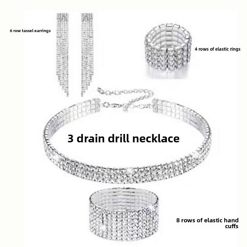 Full Diamond Claw Chain Necklace Bracelet Ring Earrings Four-Piece Set Geometric Women's Jewelry Accessories