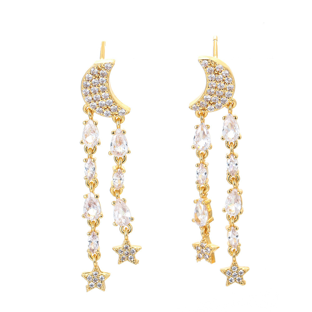 Korean Long Star And Moon Earrings Personality Tassel Copper Earrings
