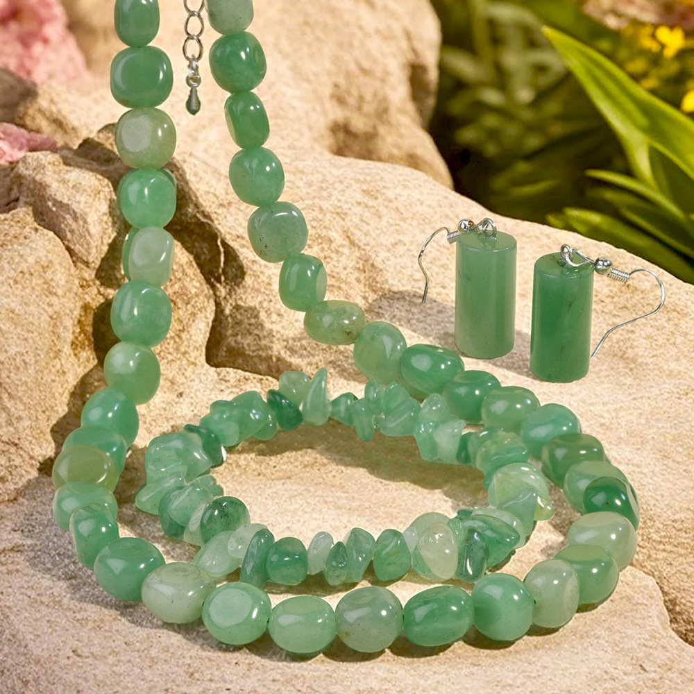 Chinese Style Natural Stone Crystal Beaded Necklace Women's Jewelry Set Green Dongling Earrings Bracelet Geometric Pattern Fashion Accessories