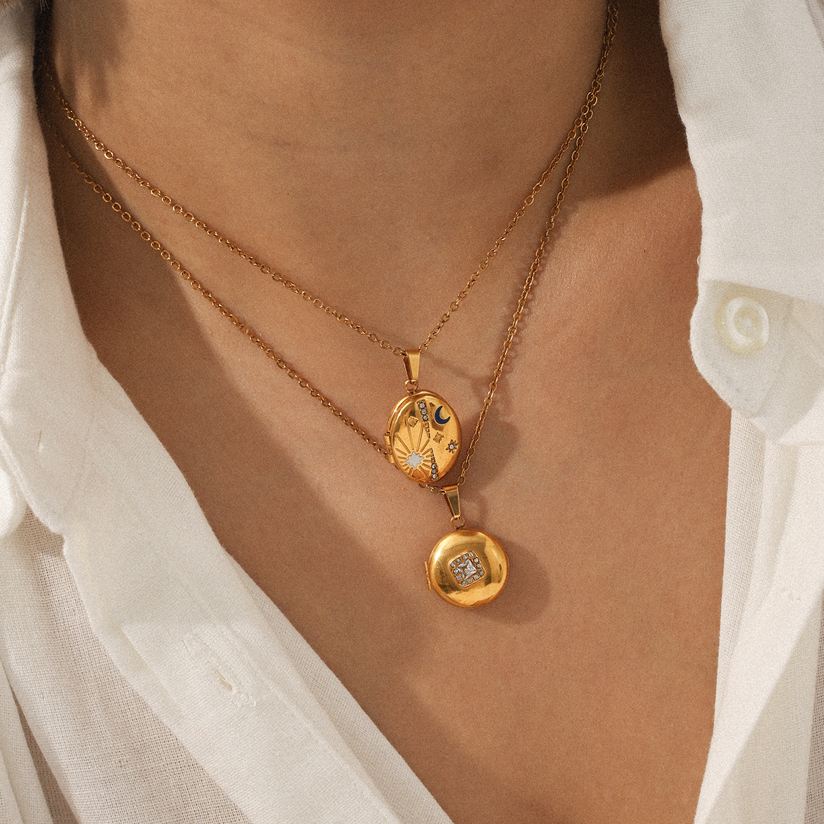 304 Stainless Steel Round PVD Coated Zircon 18K Real Gold Plated Modern Style Artistic Waterproof Non Tarnish Inlay Cable Chain Lobster Trigger Clasp Closure Gold Pendant Necklace