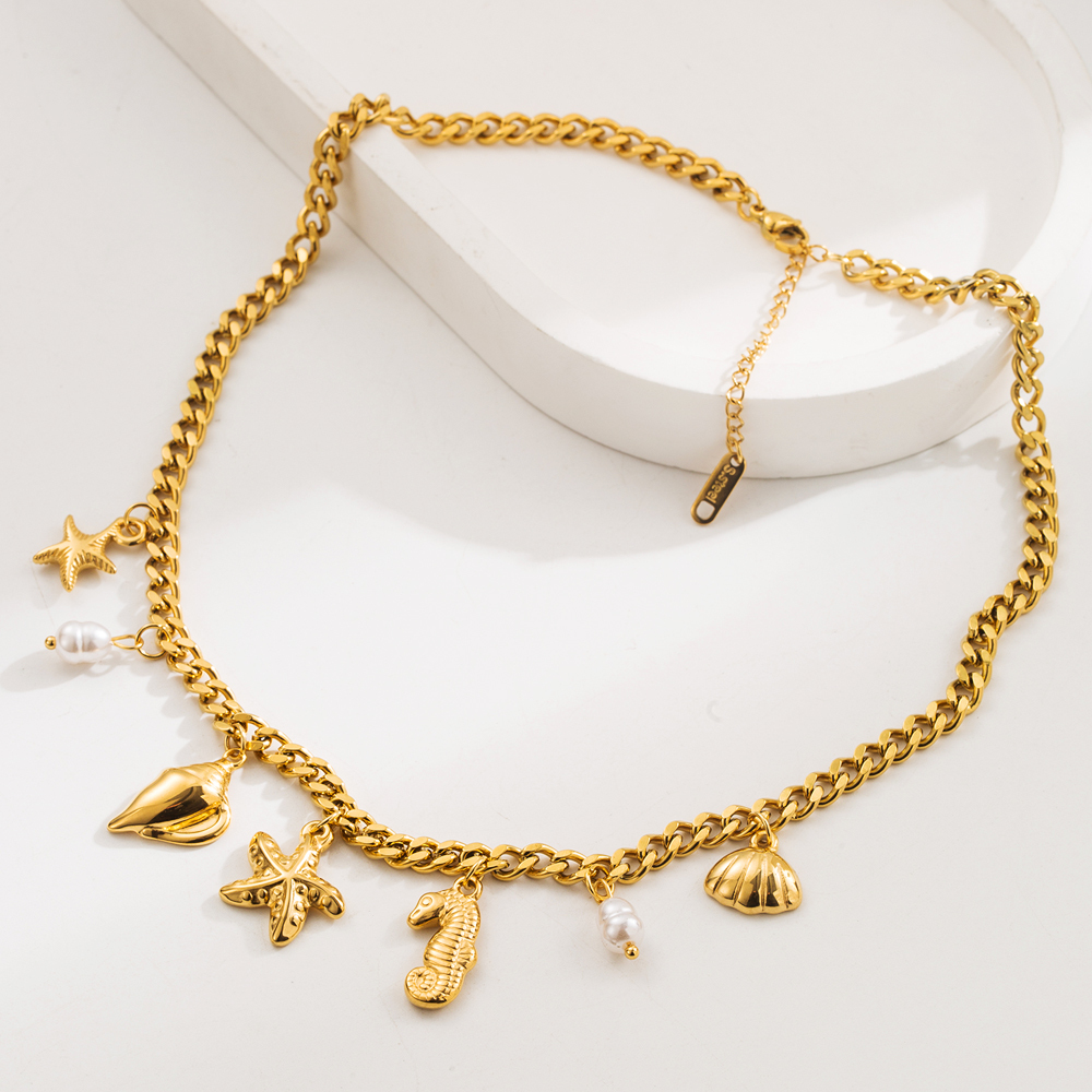 Titanium Steel Pentagram Flower Plated 18K Real Gold Plated Casual Modern Style Classic Style Pearl Cuban Link Chain Curb Chain Cable Chain Gold Multi Charms Necklace