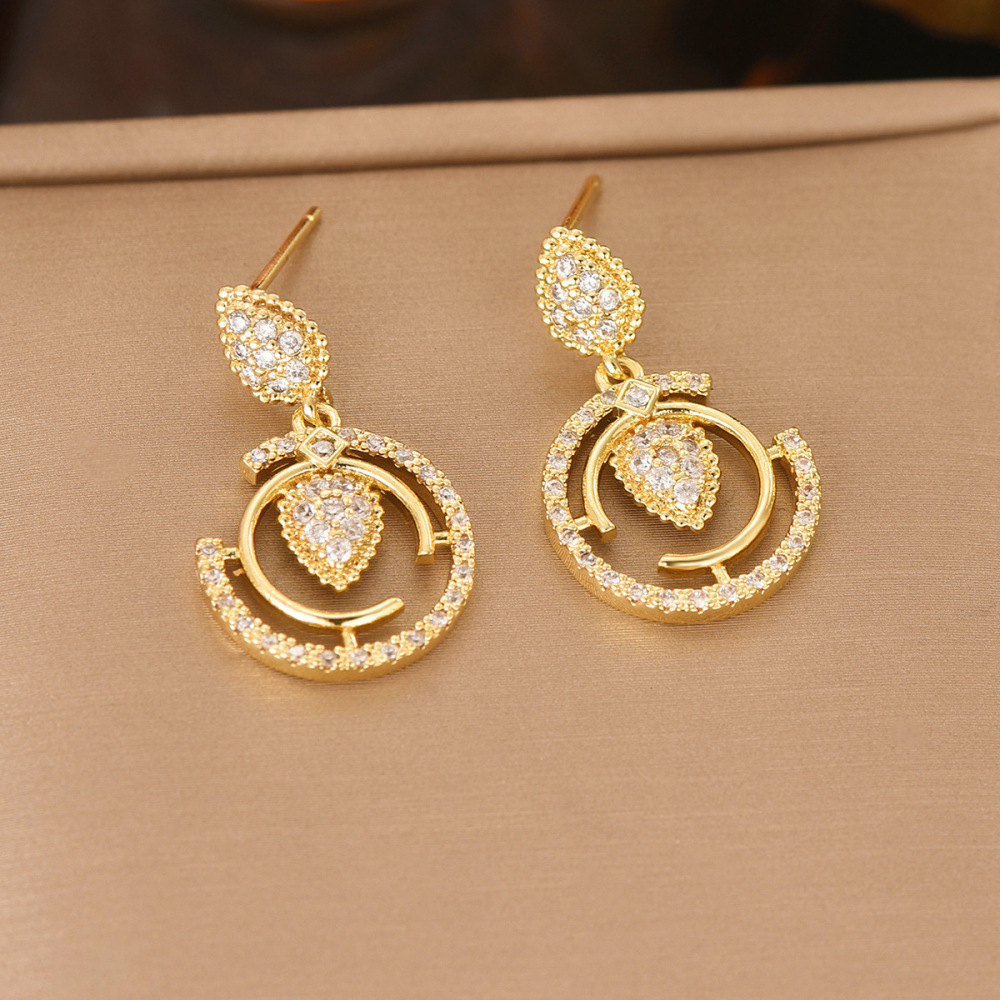 Elegant Circle Layered Necklace Earrings Ring Set Gold Fine Chain Zircon Design Fashion Jewelry Stainless Steel Accessories