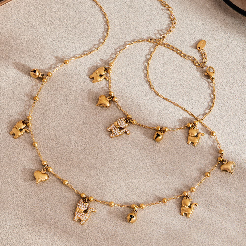 Stainless Steel Cat Zircon Necklace Bracelet DIY Multi Pendant Heart Bell Luxury Versatile Jewelry Accessories Elegant Romantic