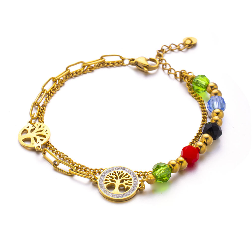Double Layer Connected Irregular Round Colorful Beads Fashionable Luxury Retro Tree Of Life Bracelet For Women Titanium Steel
