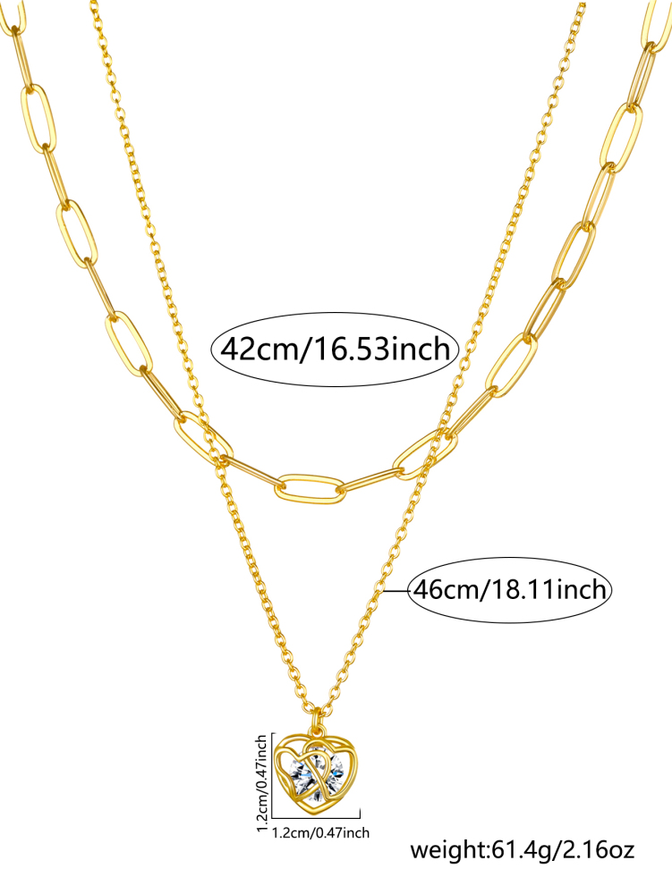 Fashion Layered Accessories: 18K Gold Plated Copper Heart-Shaped Hollow Pendant Necklace And Checkered Paperclip Set, Shiny Cubic Zirconia, Essential For Women