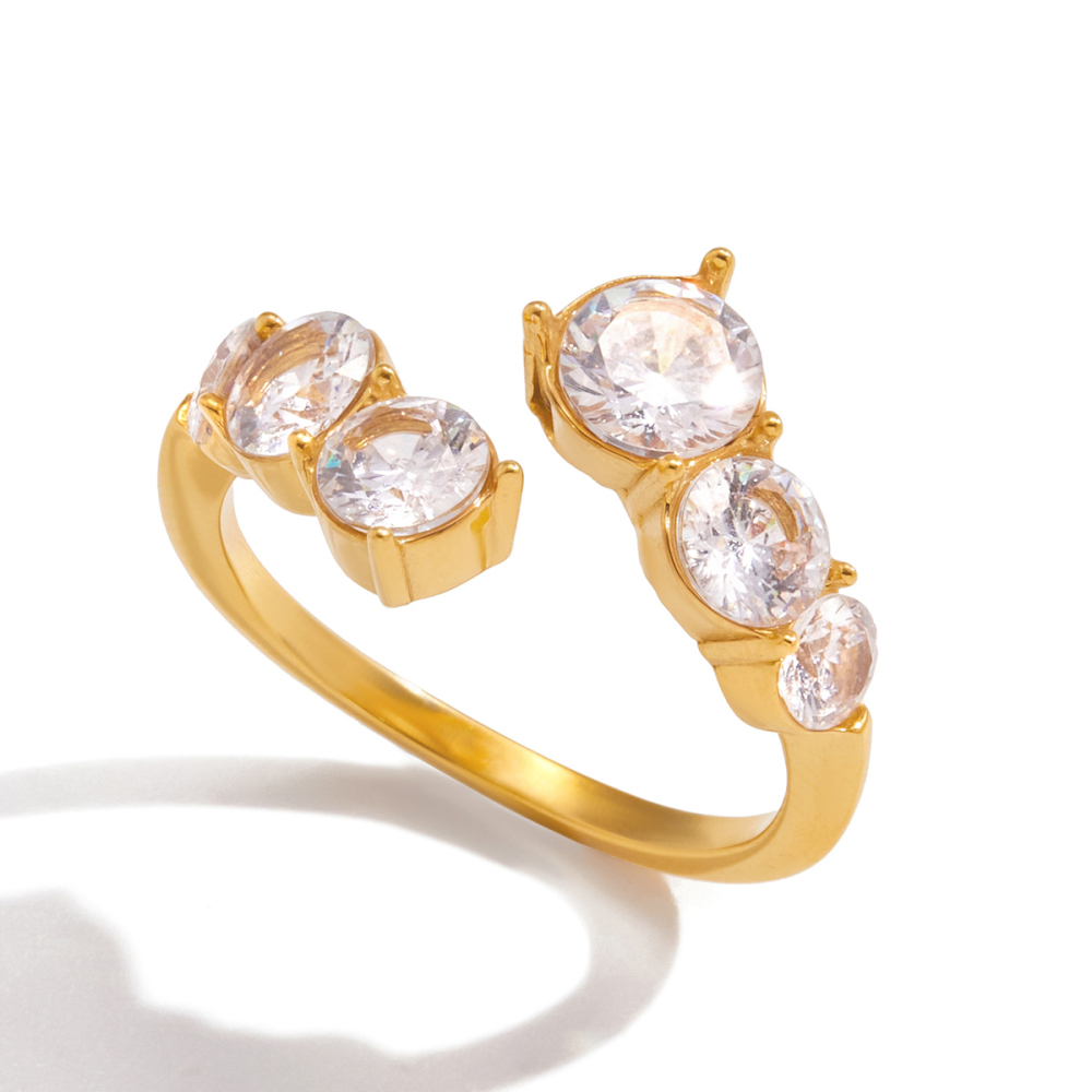 Women's Classic Style 18K Gold Stainless Steel + Zircon Round White Zircon Adjustable Open Ring