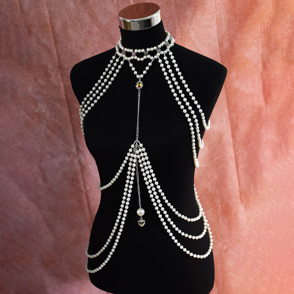 Classic Long Pearl Dress With Heart Pendant Artificial Crystal Accessories Women's Party Banquet Body Chain Original Design