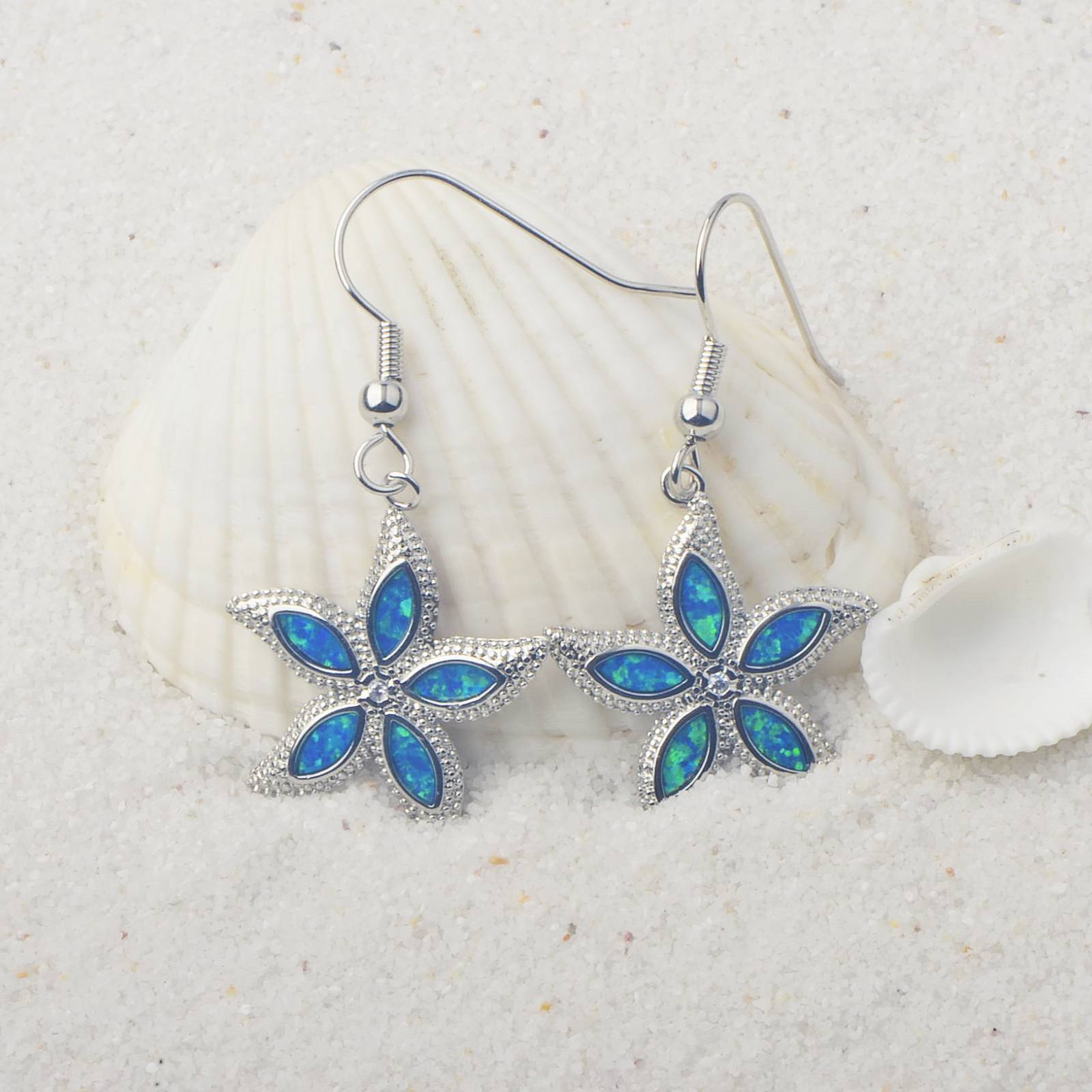 Colorful Women's Opal Starfish Earrings Fashionable TikTok Ins European Style Jewelry Accessories Animal Pattern Copper Material