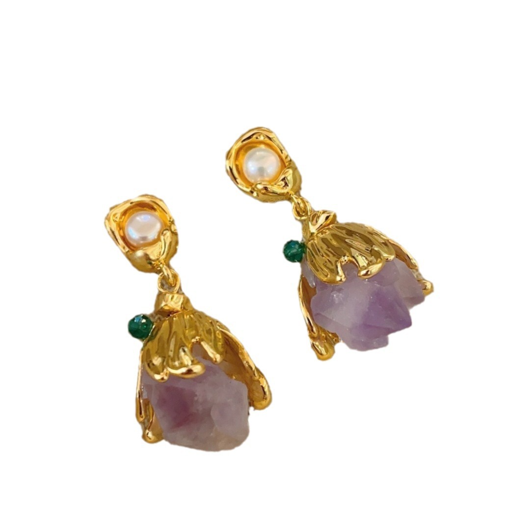 Retro Purple Crystal Stone Earrings Bohemian Style Floral Print Vintage Feelings Women's Jewelry Accessories Ear Cares
