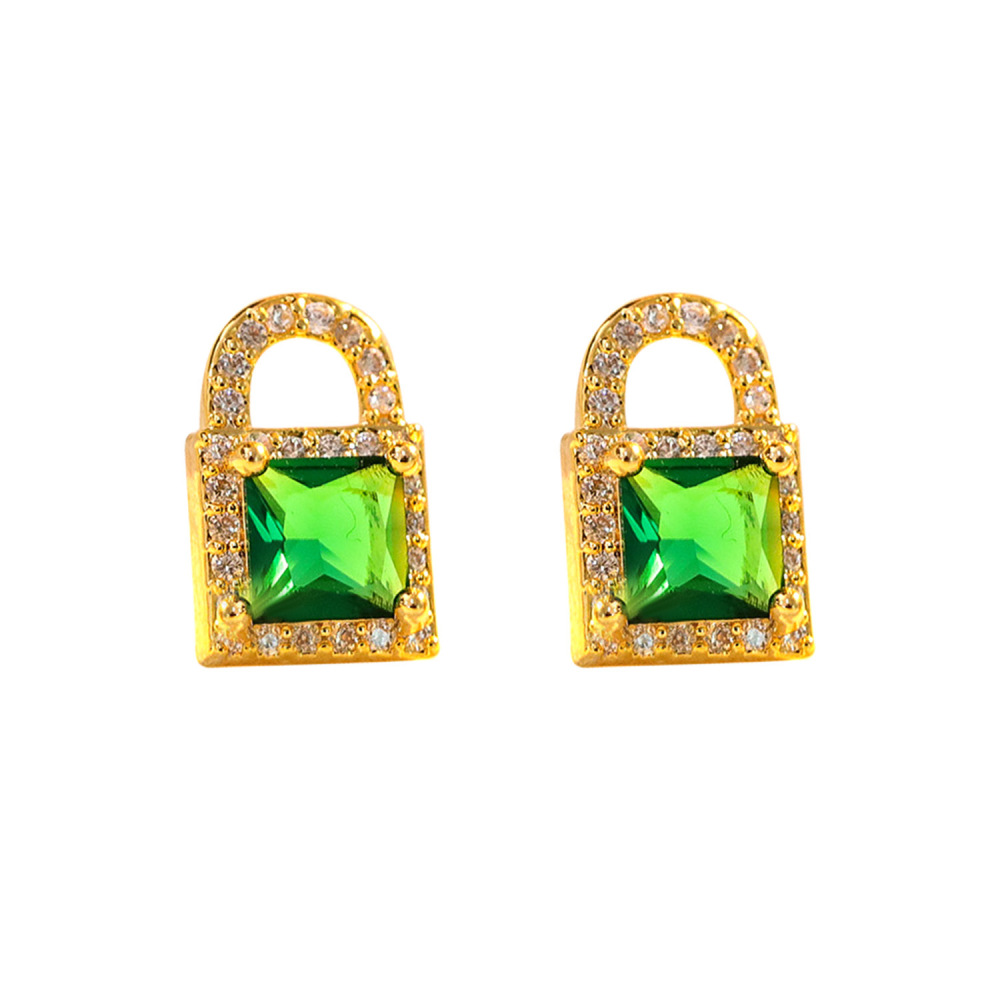 Elegant Women's Green Zircon Studs Fashionable Silver Lock Earrings Luxury Geometric Pattern Copper Jewelry Accessories