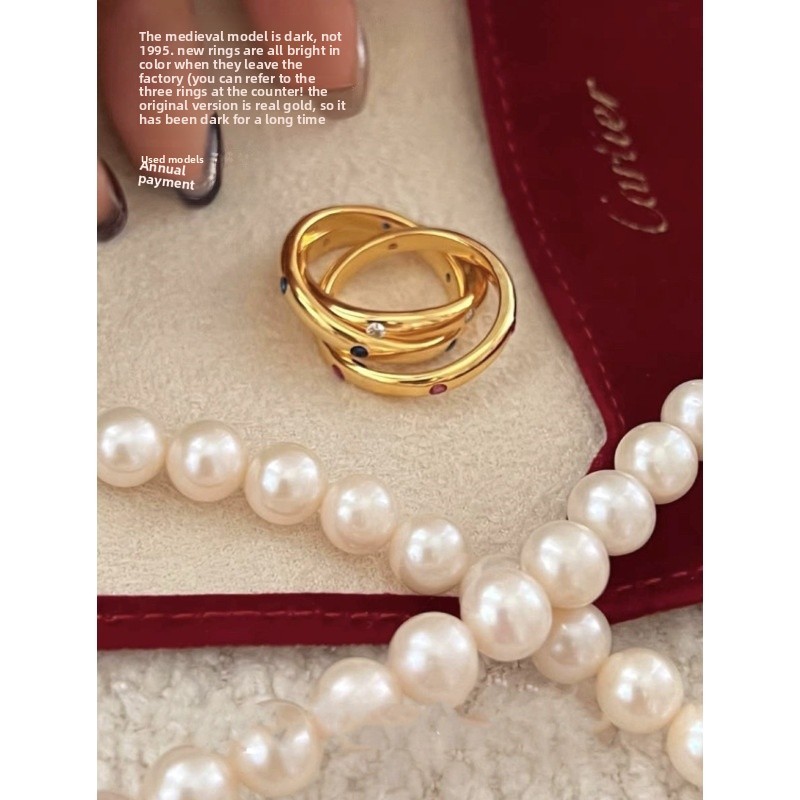 Classic Three- Ring Geometric Gemstone Rings Stylish Retro Fashionable Midi Rings Copper Material  Style