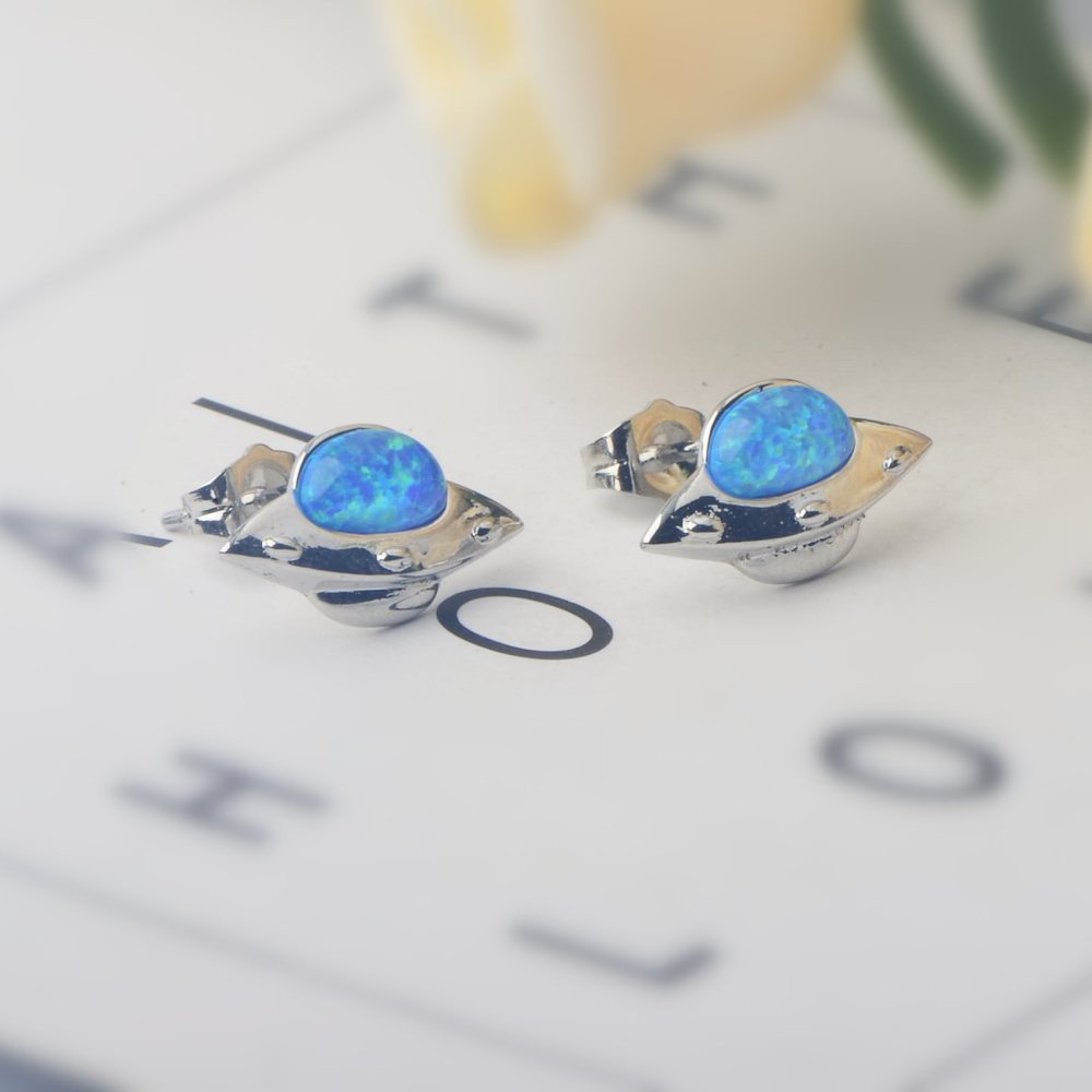 Adorable Girl's Earring Tiktok Hot Sale Flying Saucer Blue Opal Ear Studs Simple Geometric Pattern Copper Jewelry Accessories