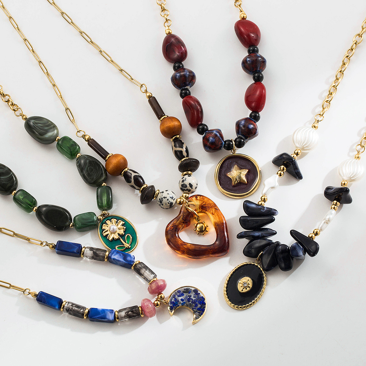 Colorful Resin Pendant Necklace Stainless Steel Chain Layered Women's Jewelry Accessories