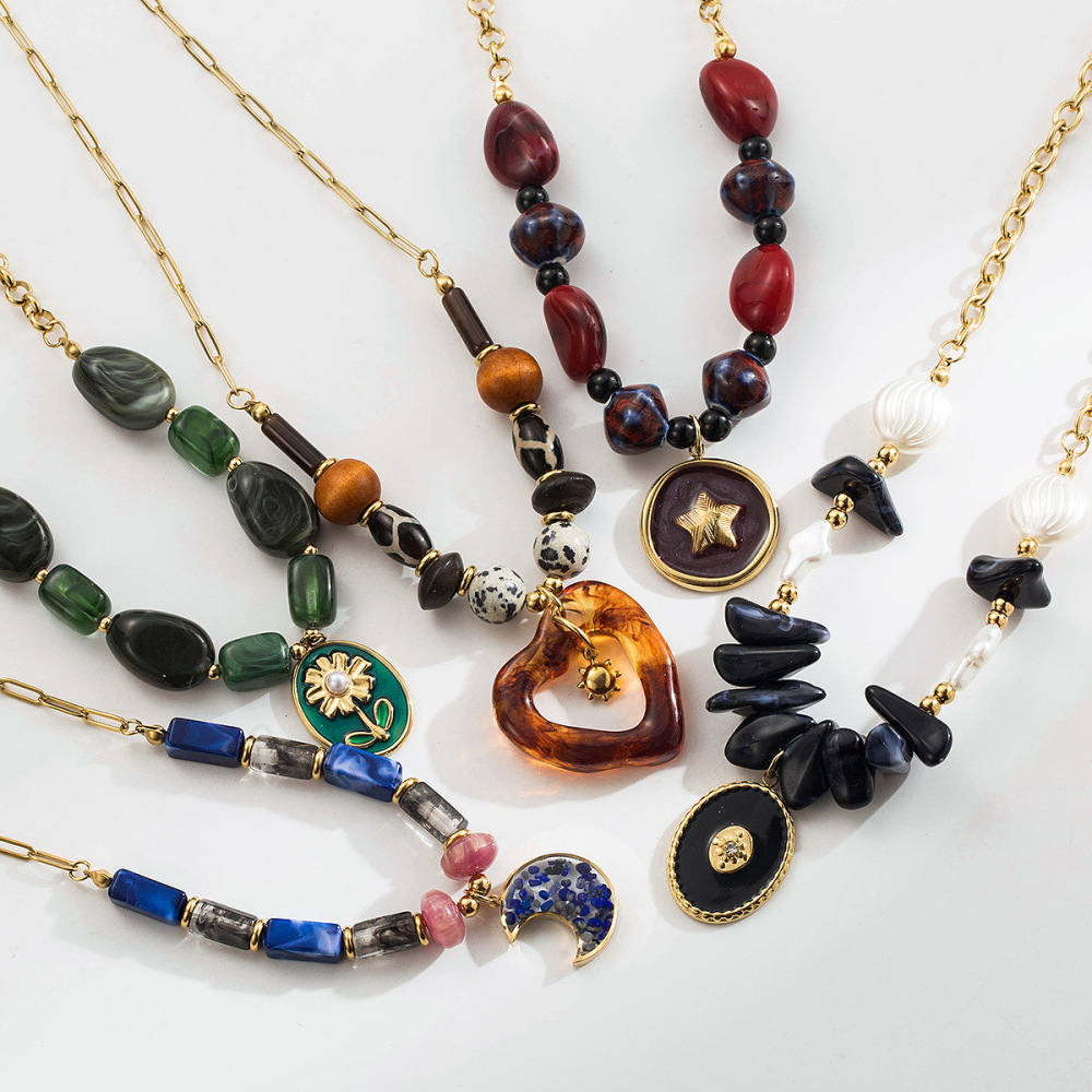 Colorful Resin Pendant Necklace Stainless Steel Chain Layered Women's Jewelry Accessories
