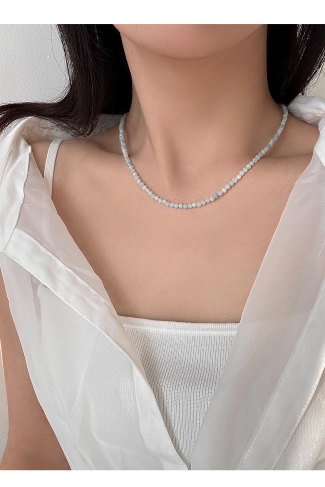 Natural Stone Sea Blue Beads Necklace Women's Summer Lockbone Chain Non-fading Luxury Unique Choker Jewelry Accessories