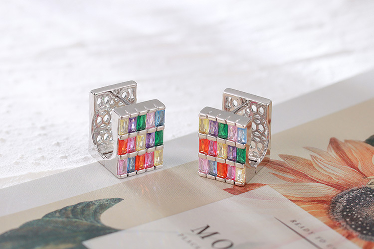 Elegant Geometric Pattern Zircon Earrings Colorful Square Heavy Work Gold Plated Luxury Women's Fashion Jewelry Accessories