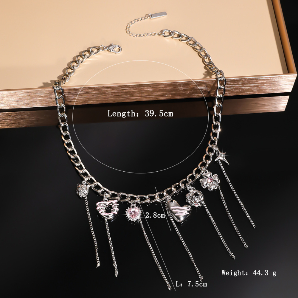 Pink Heart-shaped Tassel Chain Mosaic Necklace For Women Unique Design Cool Clavicle Chain Jewelry Accessories