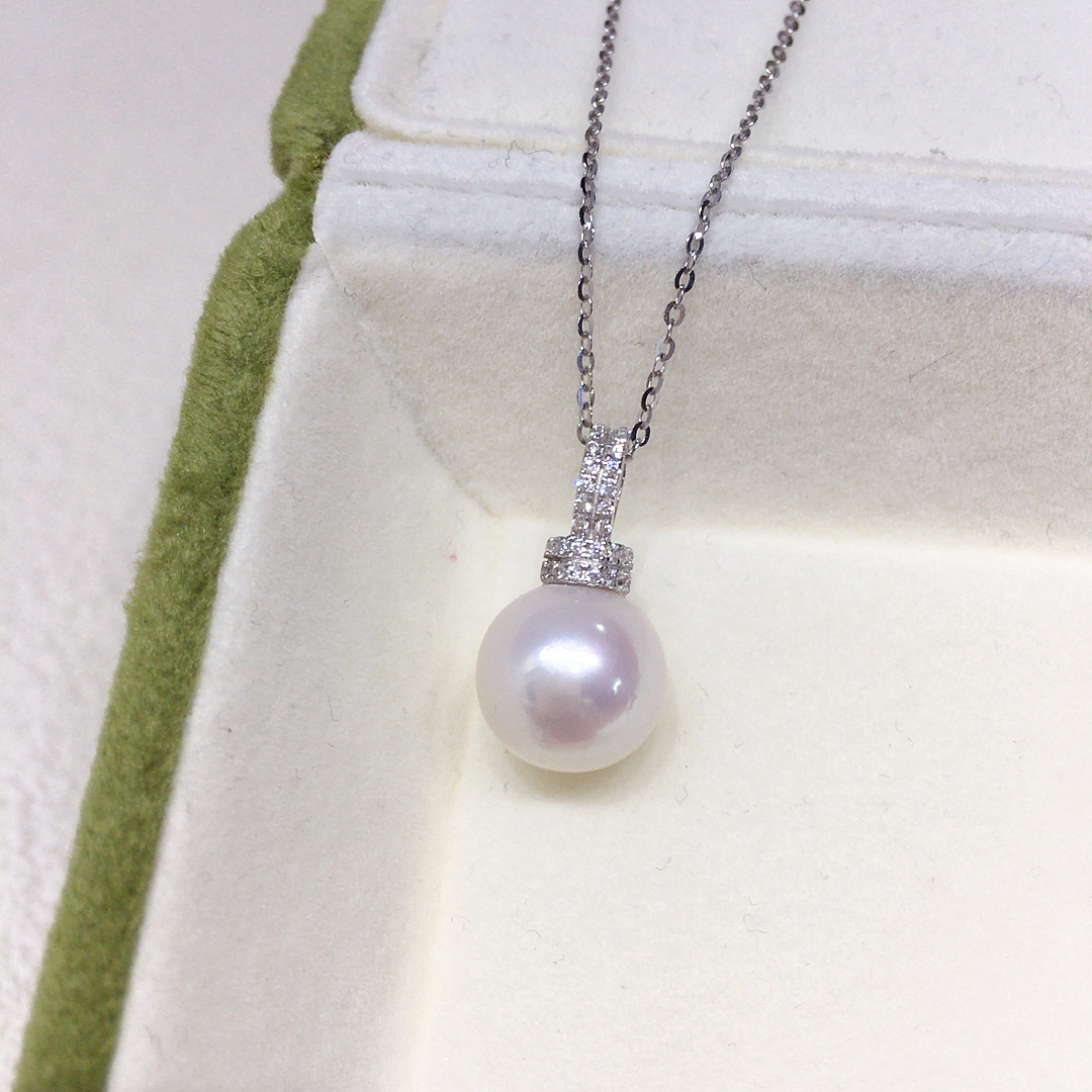 Natural Freshwater Pearl Necklace Single Bead Perfect Round Aurora Pearl Pendant S925 Sterling Silver Clavicle Chain Women's Style White