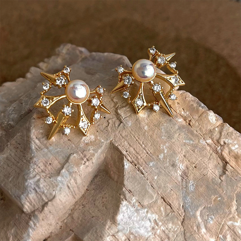 Designer Pearl Earrings Thick Plated 18K Gold Vintage Artistic Starburst Sensation Quality Female Sweet Style Jewelry Accessories