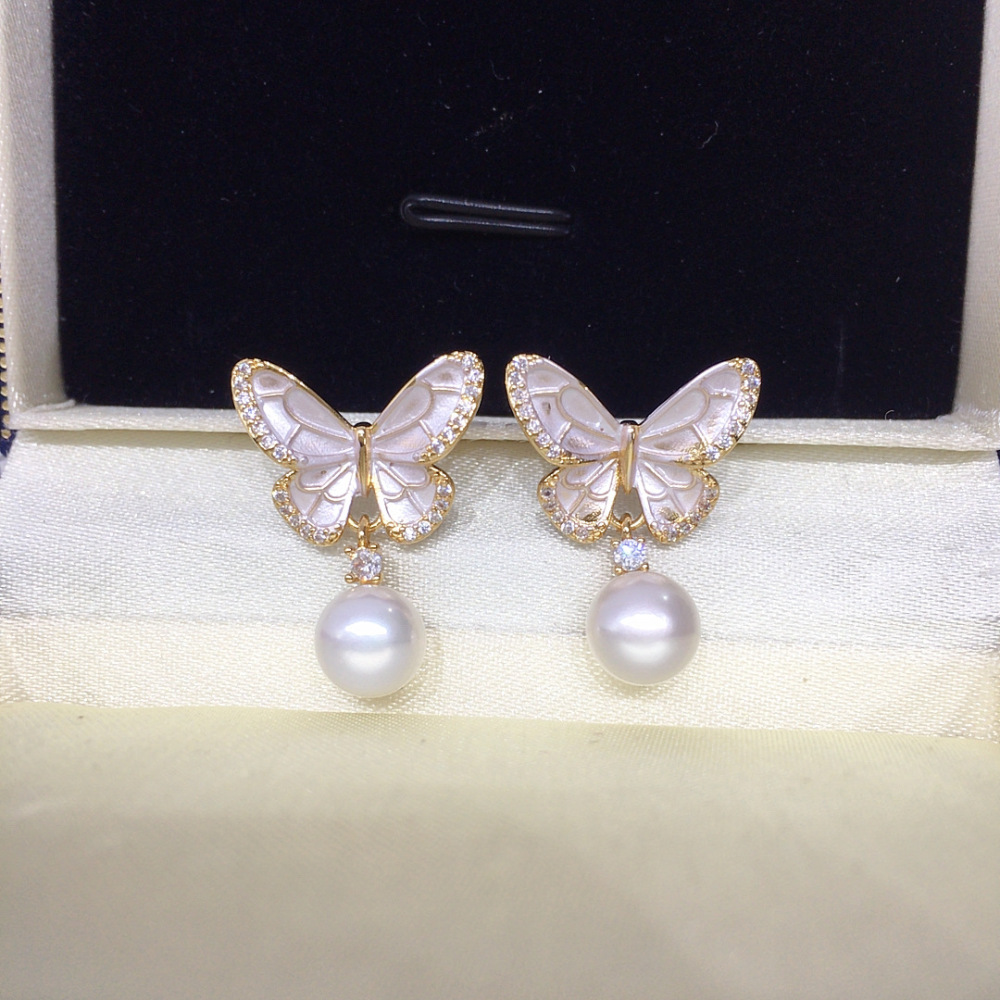 High Quality Natural Freshwater Pearl Earrings Women's Baked Paint Engraved Zircon Butterfly Elegant Jewelry Accessories