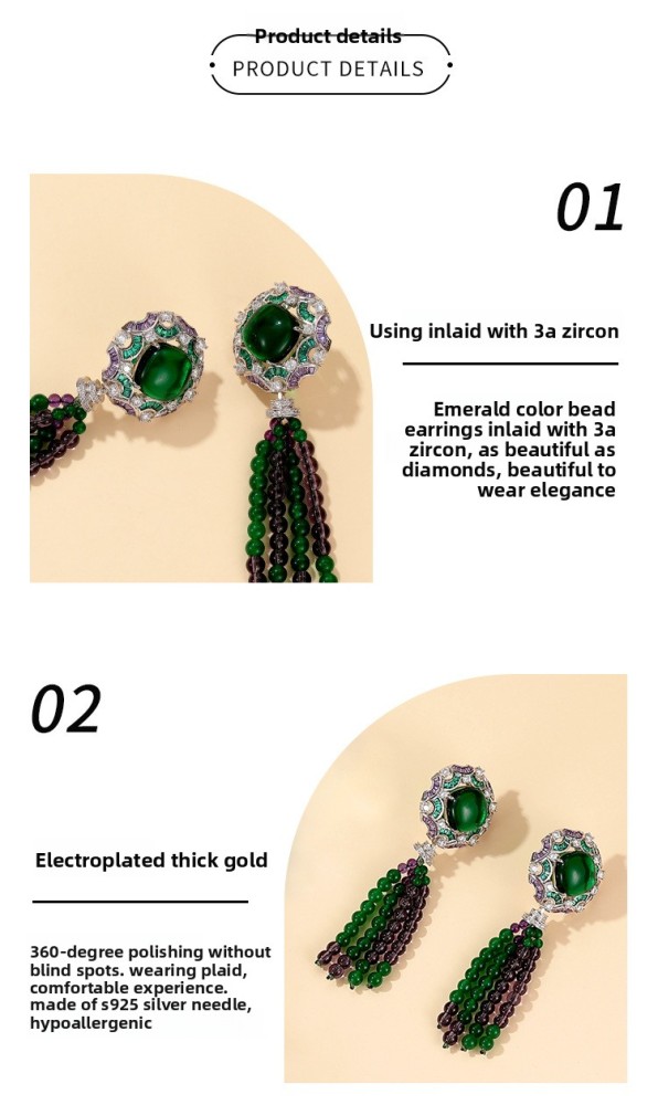 Retro Chinese Style Tassel Earrings 18K Gold Plated Emerald Handmade Beaded Fashion Personality Women's Jewelry Accessories