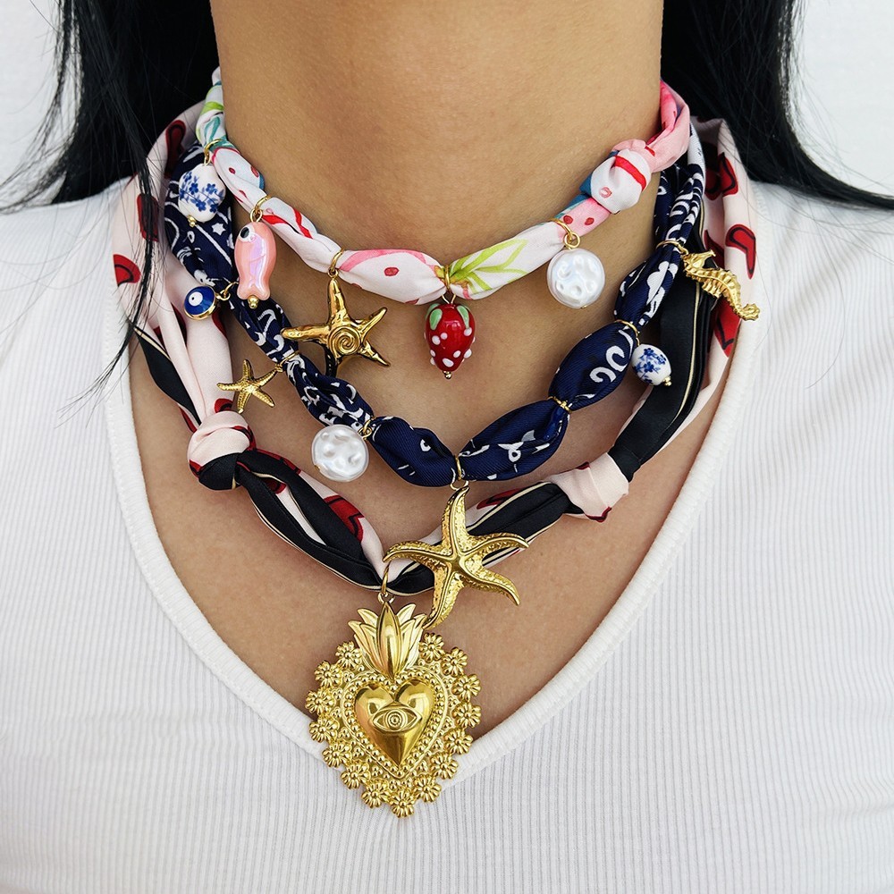 Luxurious Ceramic Necklace For Women With Printed Silk Scarf And Windbreaker Starfish And Goldfish Craft Animal Zodiac Pattern
