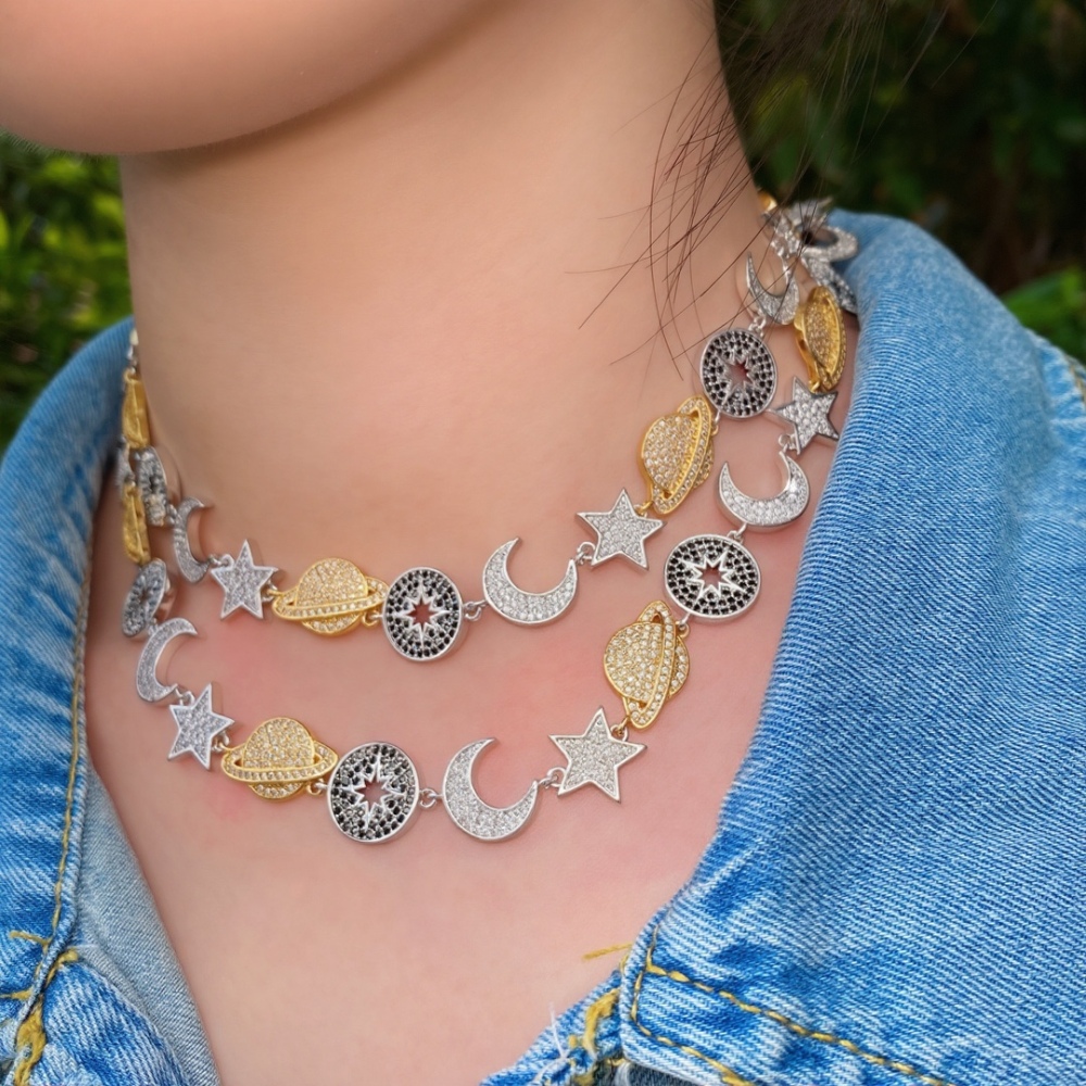 Retro Alloy Full Diamond Connected Stars Moons Planets Bracelet Necklace Women Simple Style Copper Jewelry Accessories