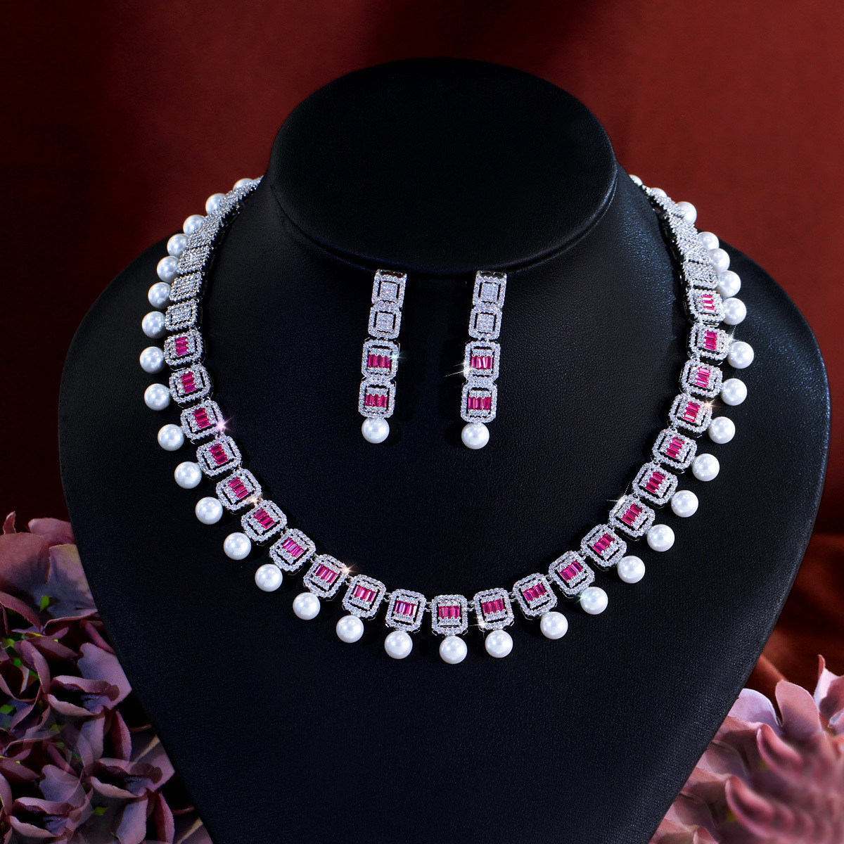 Gold Plated Bridal Jewelry Set 2 Pieces Pearl Rhinestone Necklace And Earrings Elegant Wedding Accessories For Women